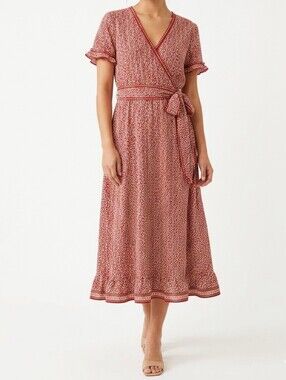 Max Studio Red Ditsy Floral Print Faux Wrap Short Sleeve Midi Dress Size Small